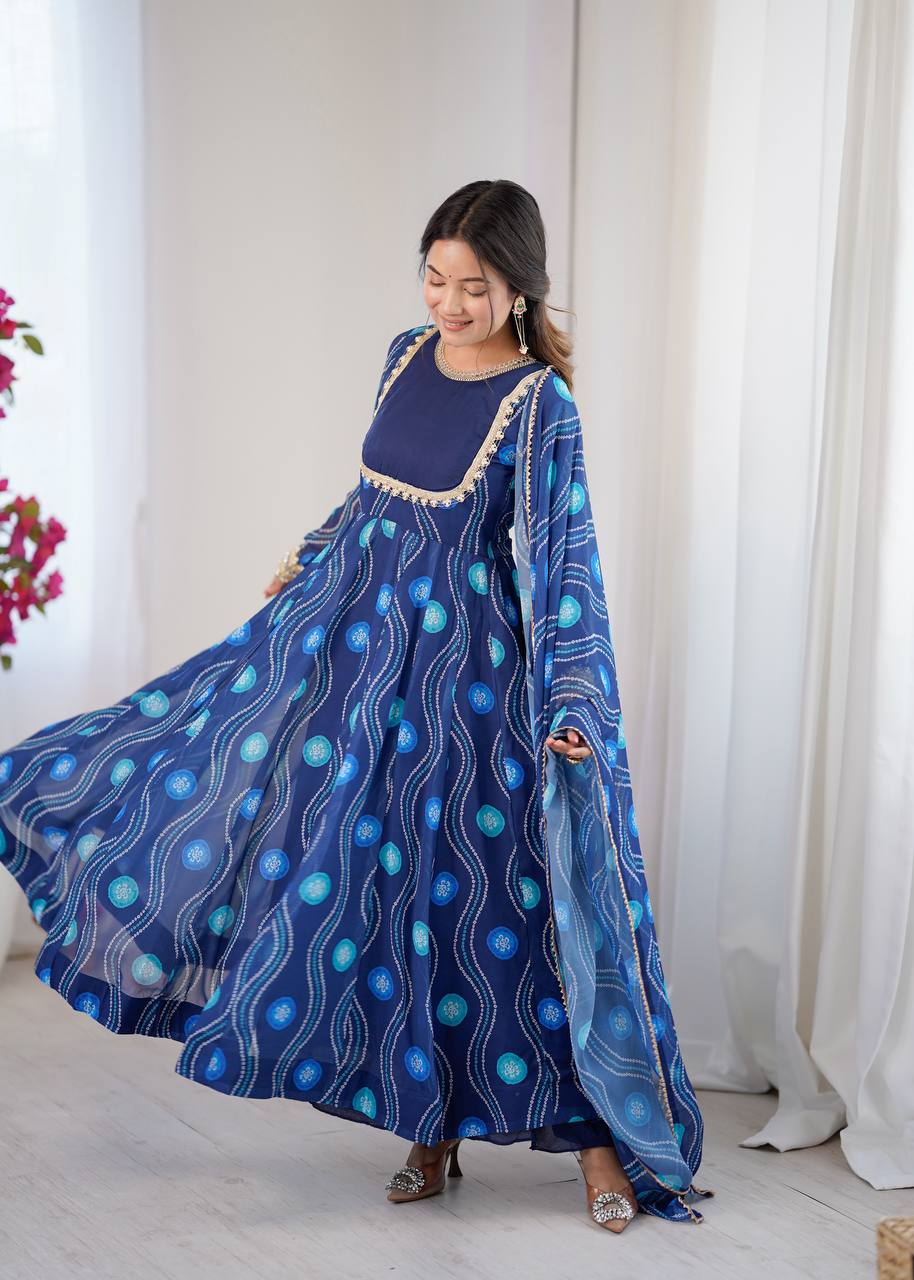 Navy Blue Elegant Bandhani Print Anarkali Suit Set