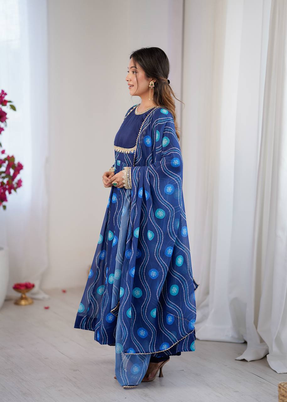 Navy Blue Elegant Bandhani Print Anarkali Suit Set