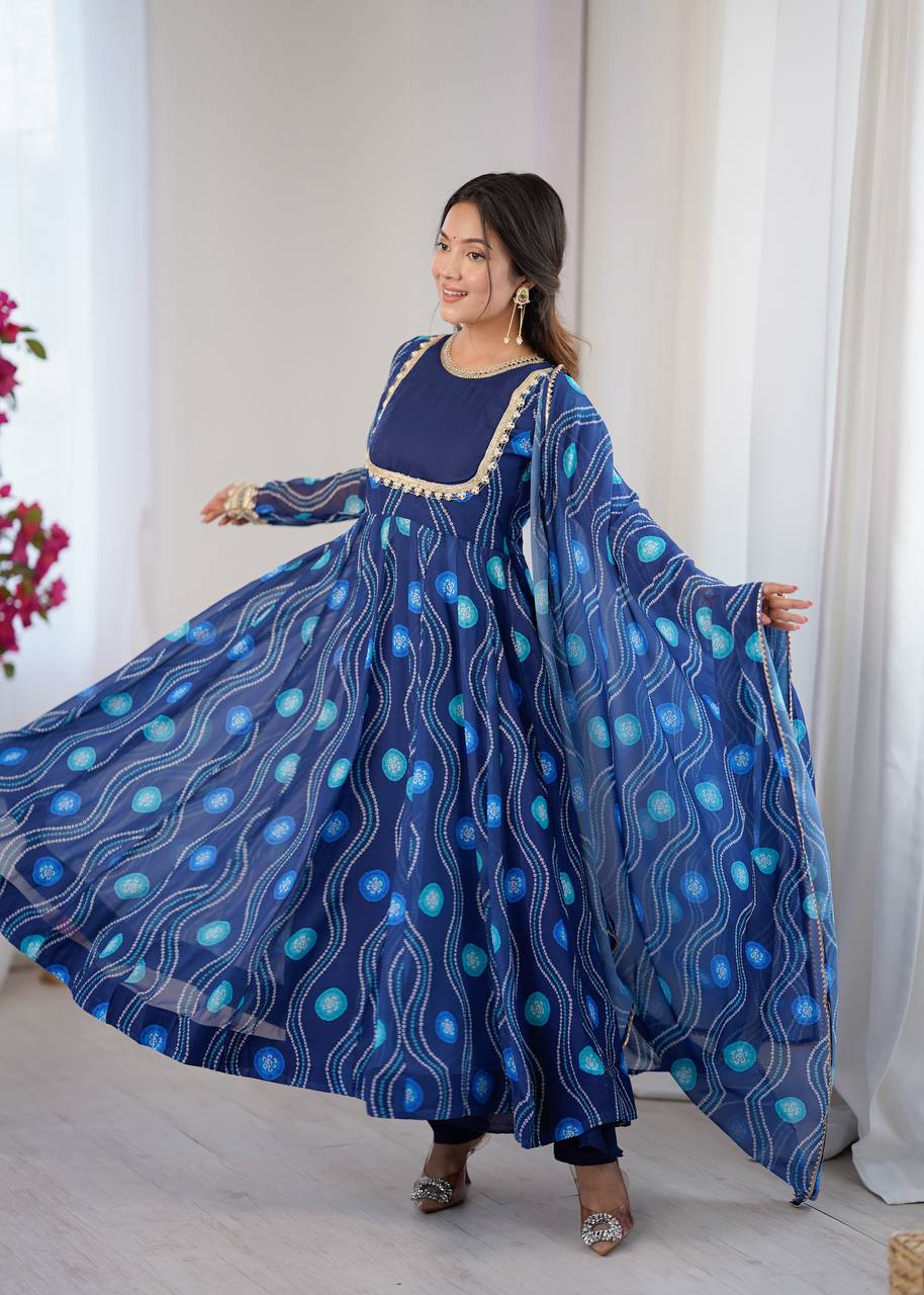Navy Blue Elegant Bandhani Print Anarkali Suit Set