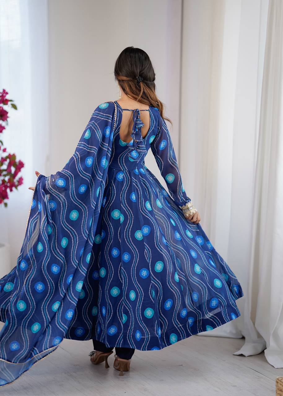 Navy Blue Elegant Bandhani Print Anarkali Suit Set