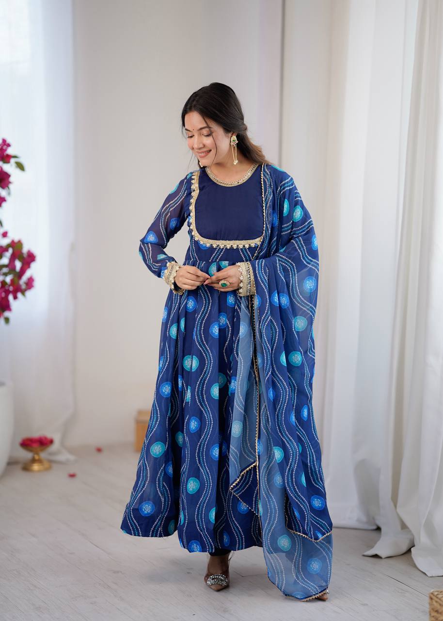 Navy Blue Elegant Bandhani Print Anarkali Suit Set
