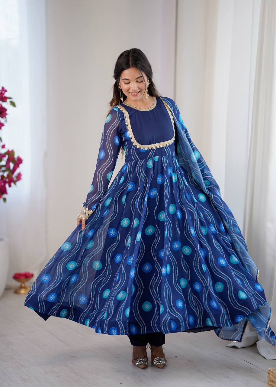 Navy Blue Elegant Bandhani Print Anarkali Suit Set