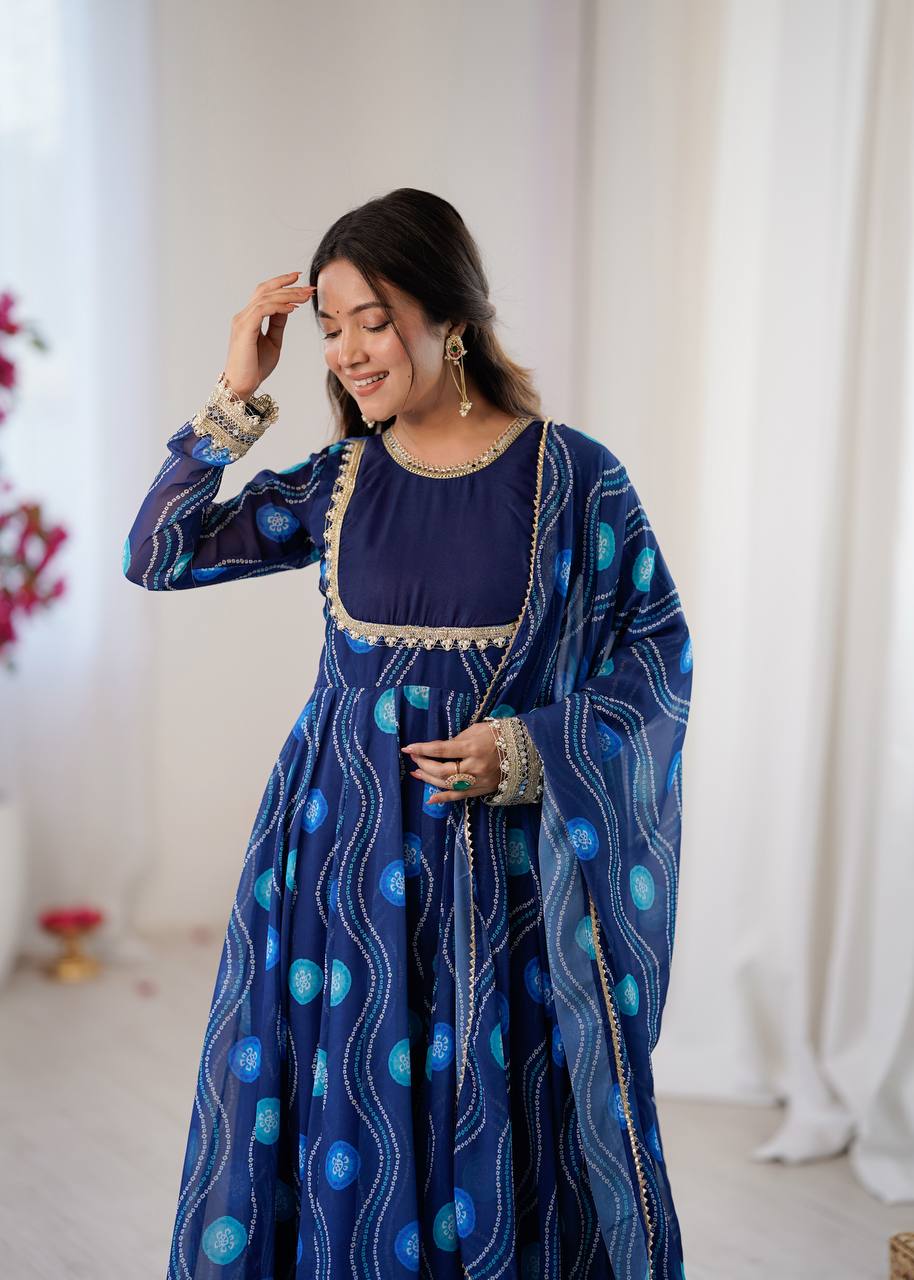 Navy Blue Elegant Bandhani Print Anarkali Suit Set
