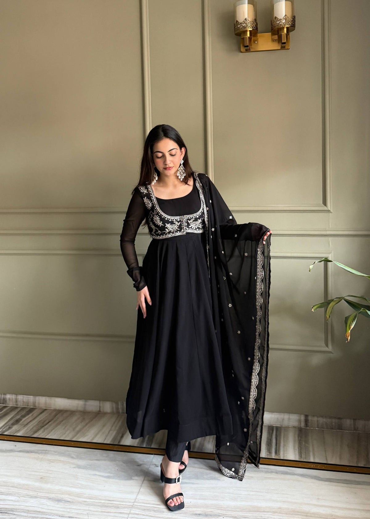 Noor Black Heavy Embroidered Koti Designer Anarkali Set