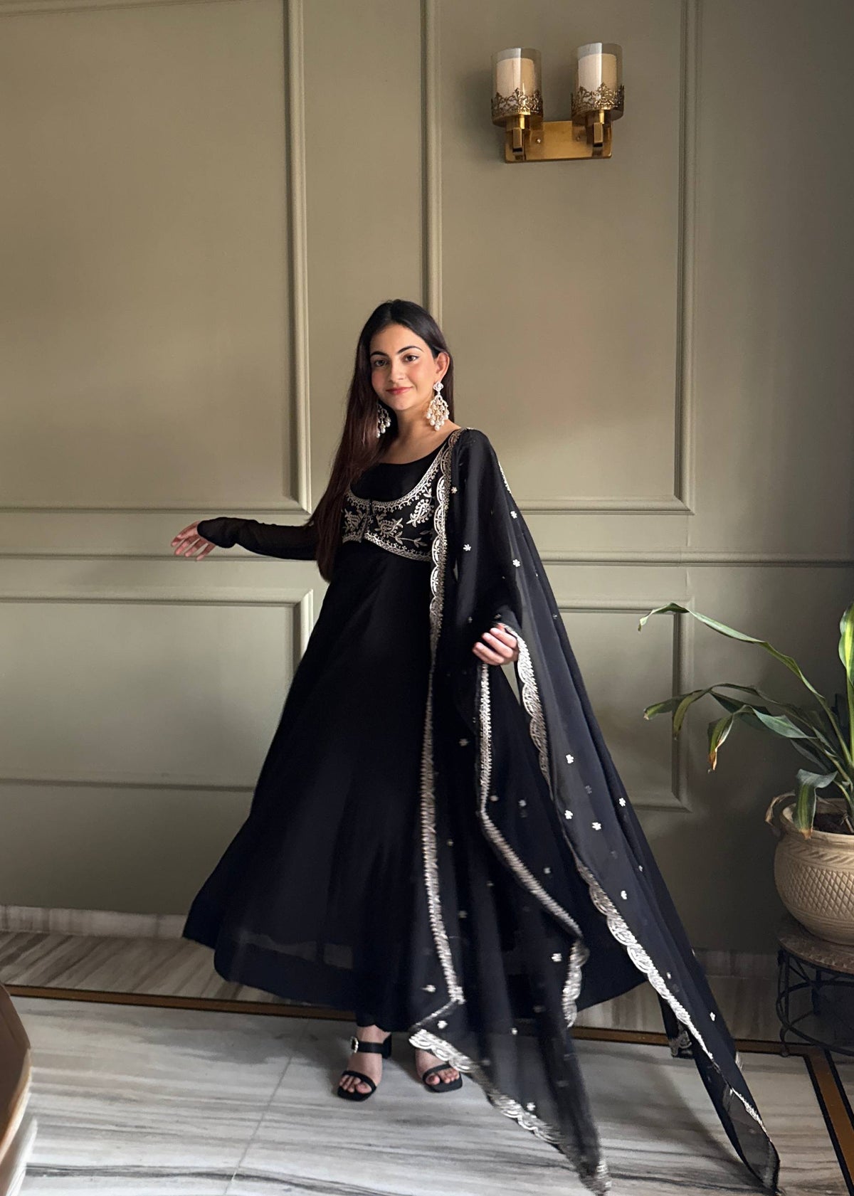 Noor Black Heavy Embroidered Koti Designer Anarkali Set