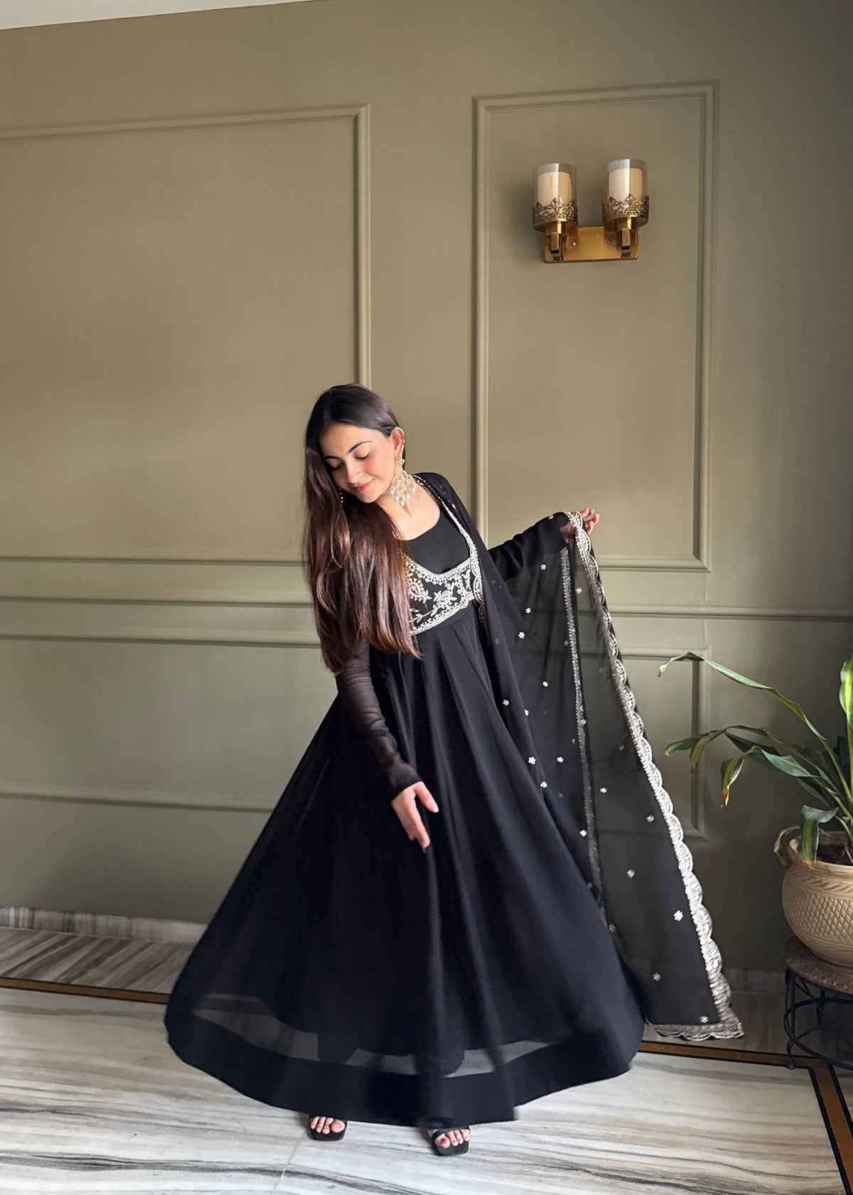 Noor Black Heavy Embroidered Koti Designer Anarkali Set