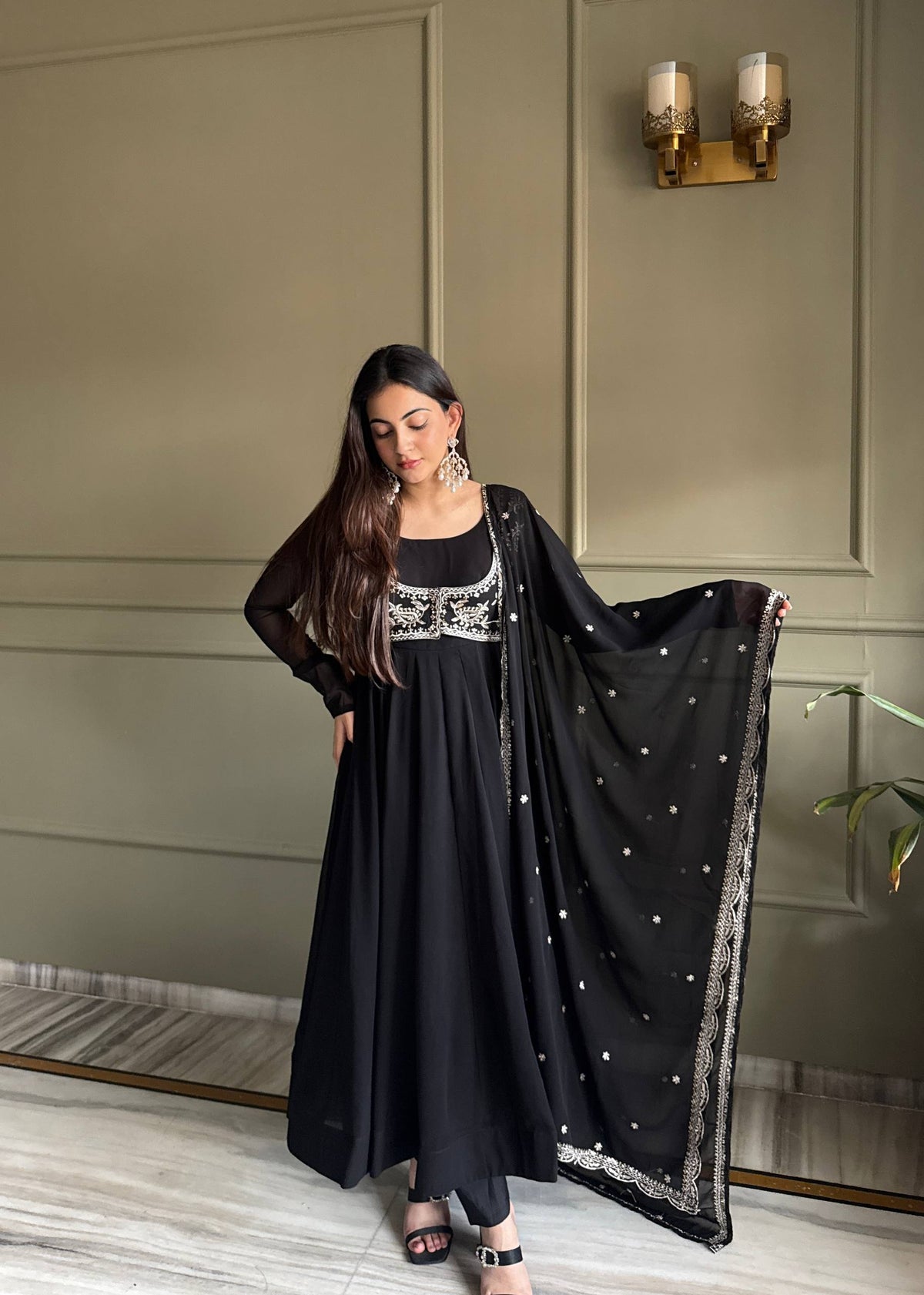 Noor Black Heavy Embroidered Koti Designer Anarkali Set