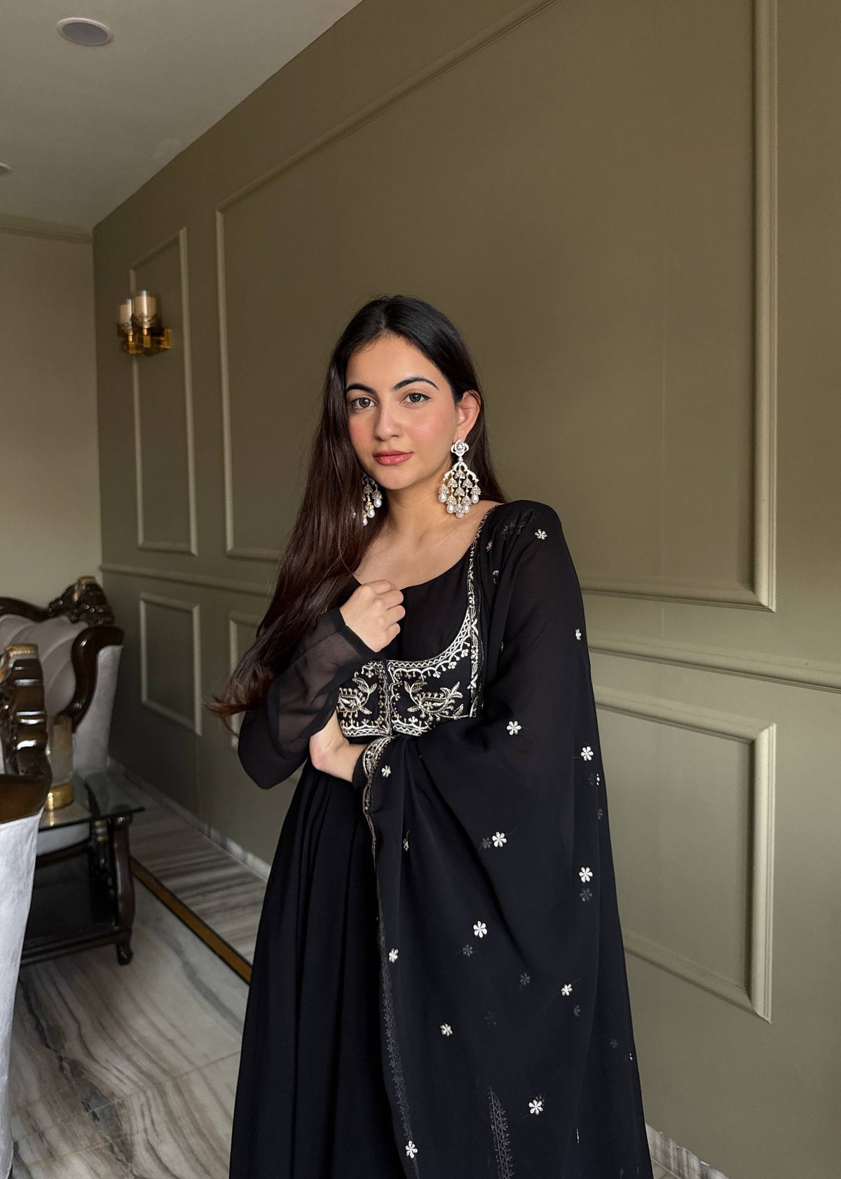 Noor Black Heavy Embroidered Koti Designer Anarkali Set