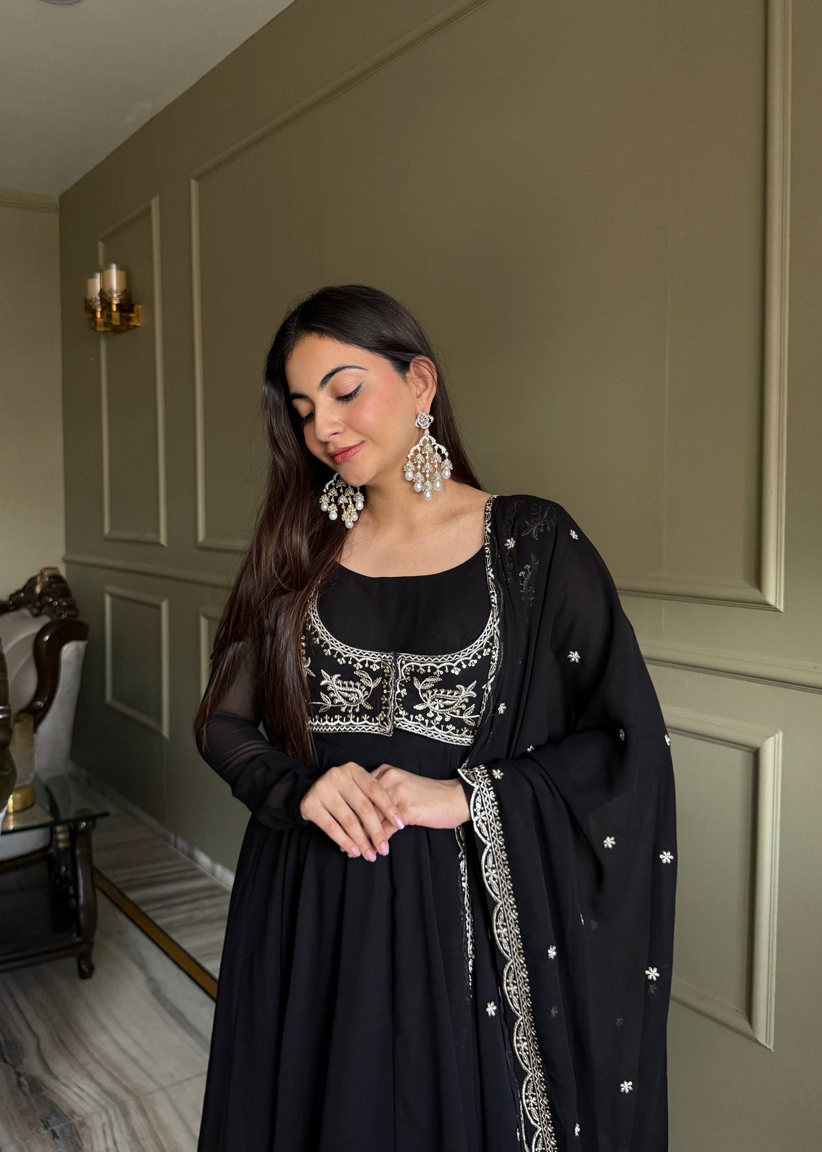 Noor Black Heavy Embroidered Koti Designer Anarkali Set