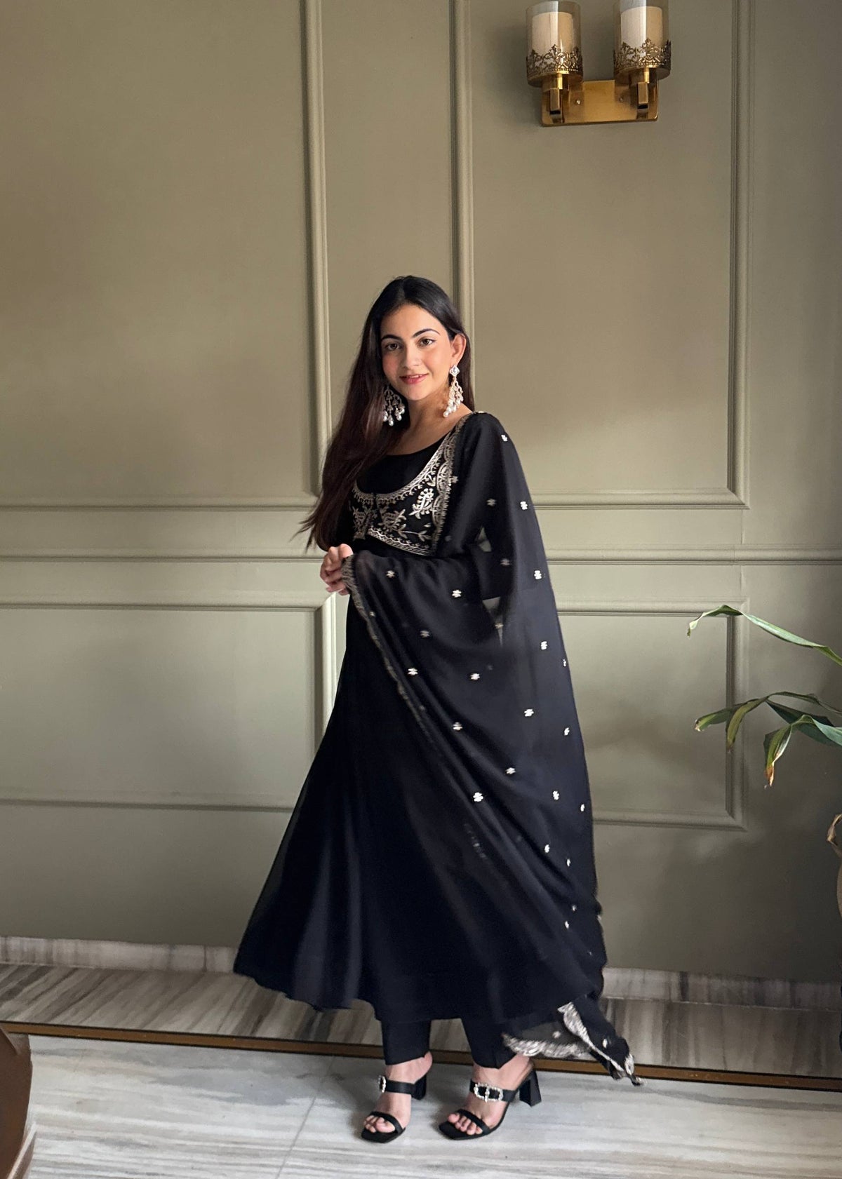 Noor Black Heavy Embroidered Koti Designer Anarkali Set