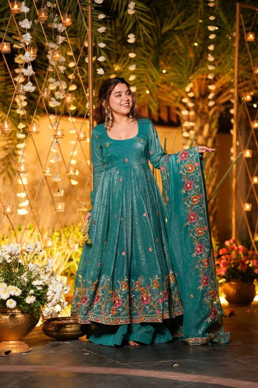 Beige Shades Crunchy Silk Anarkali Plazo Suit Set