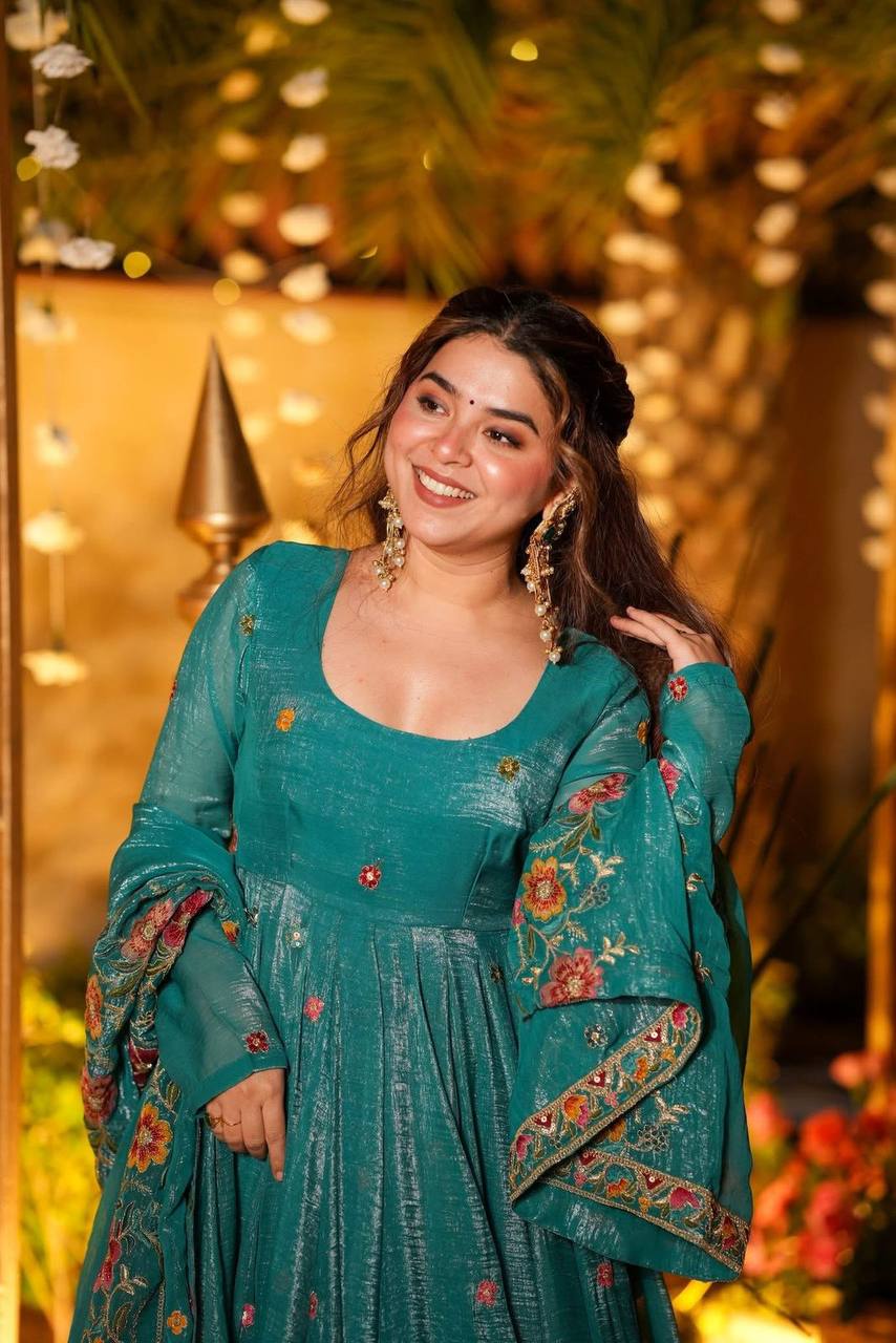 Beige Shades Crunchy Silk Anarkali Plazo Suit Set