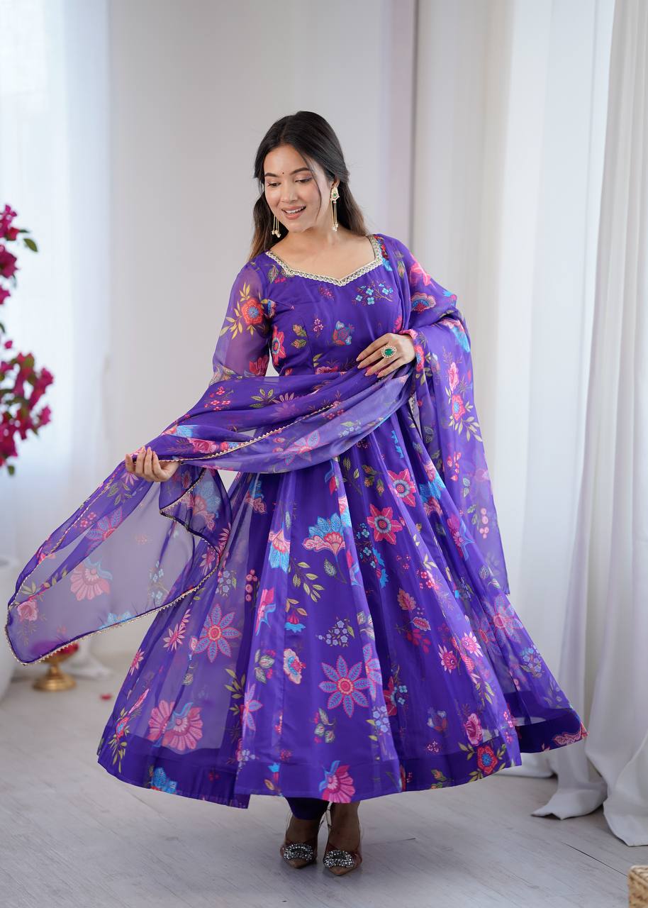 Royal Purple Floral Organza Anarkali Set