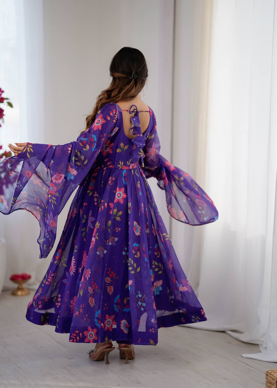 Royal Purple Floral Organza Anarkali Set