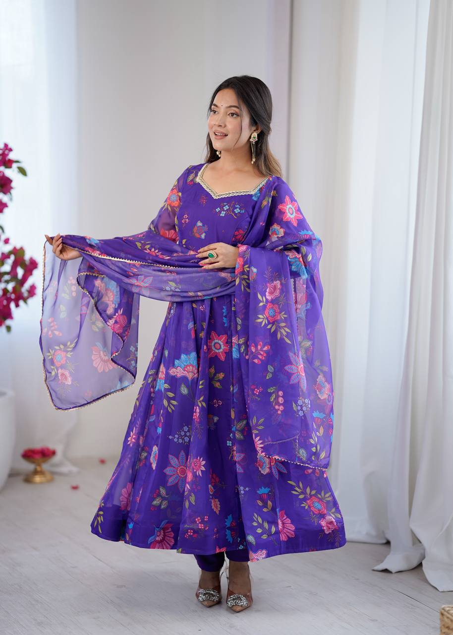 Royal Purple Floral Organza Anarkali Set