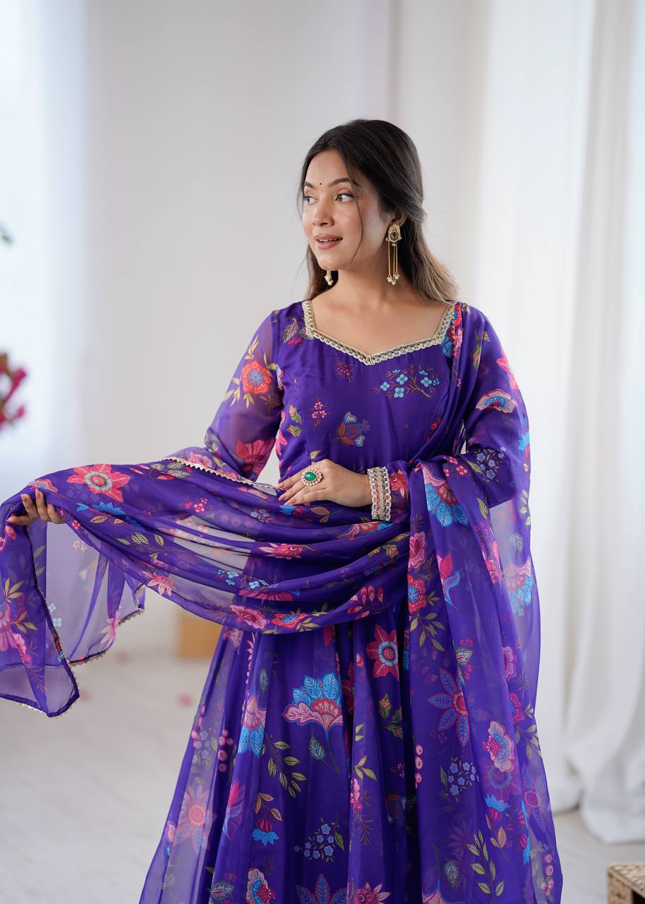 Royal Purple Floral Organza Anarkali Set