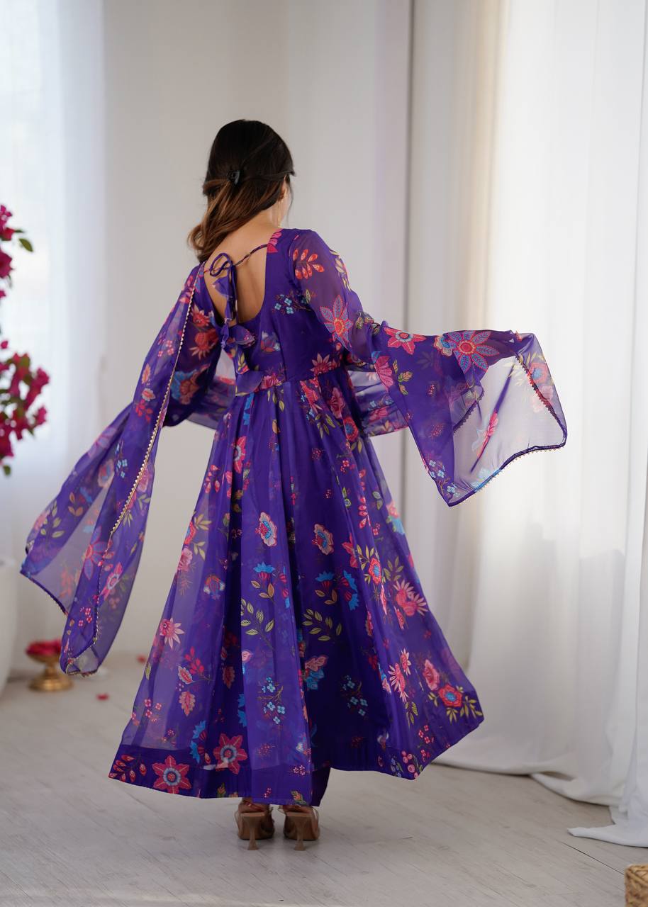 Royal Purple Floral Organza Anarkali Set