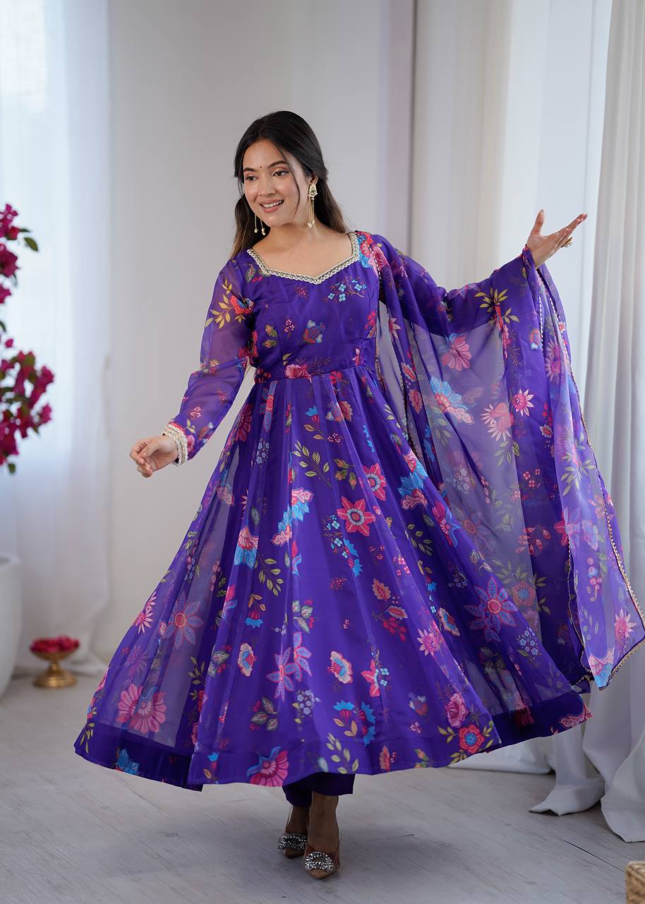 Royal Purple Floral Organza Anarkali Set