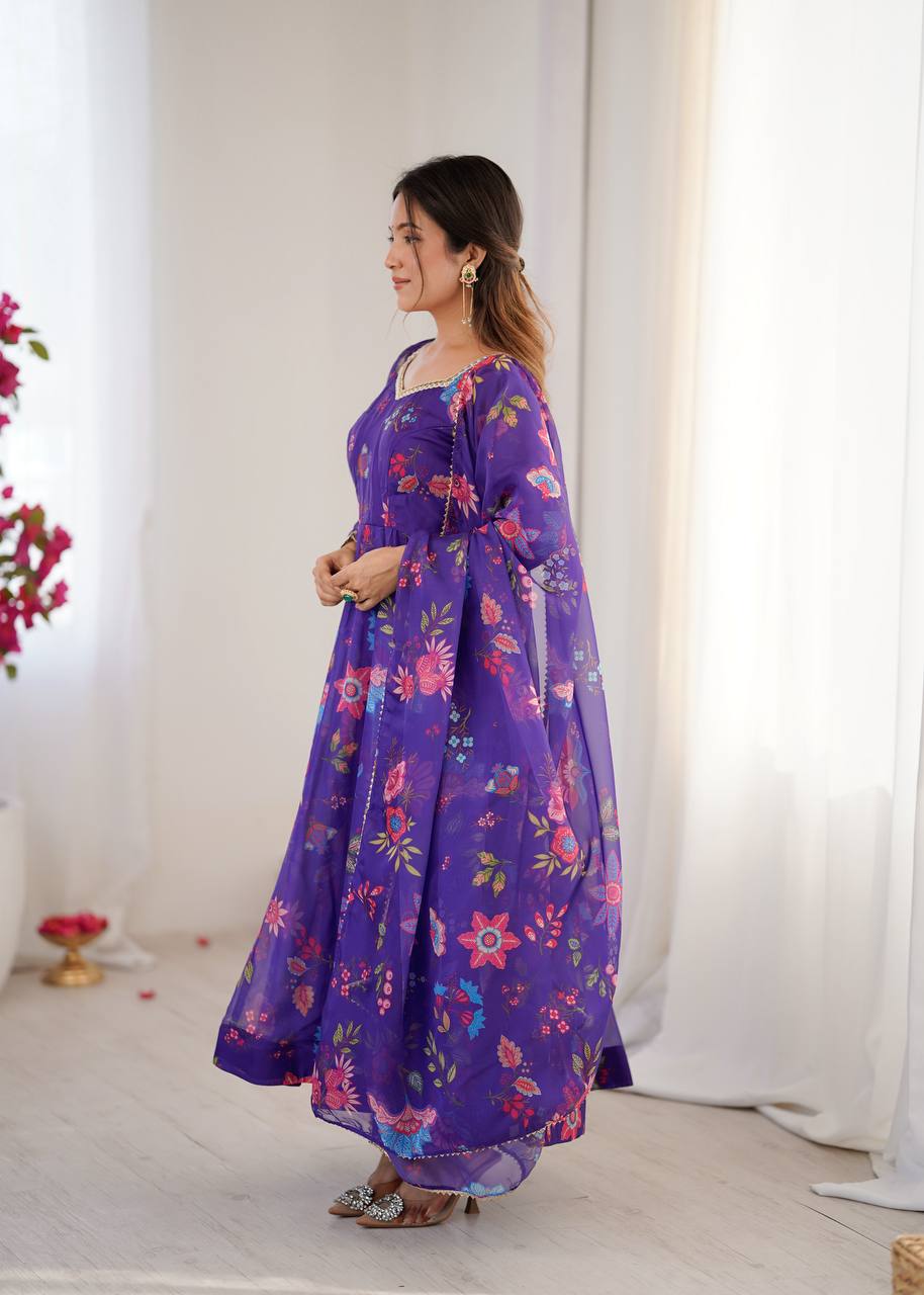 Royal Purple Floral Organza Anarkali Set