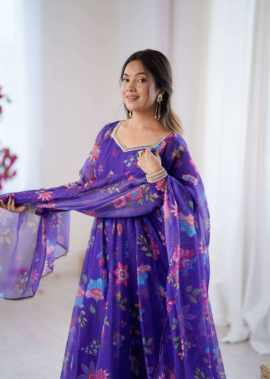 Royal Purple Floral Organza Anarkali Set