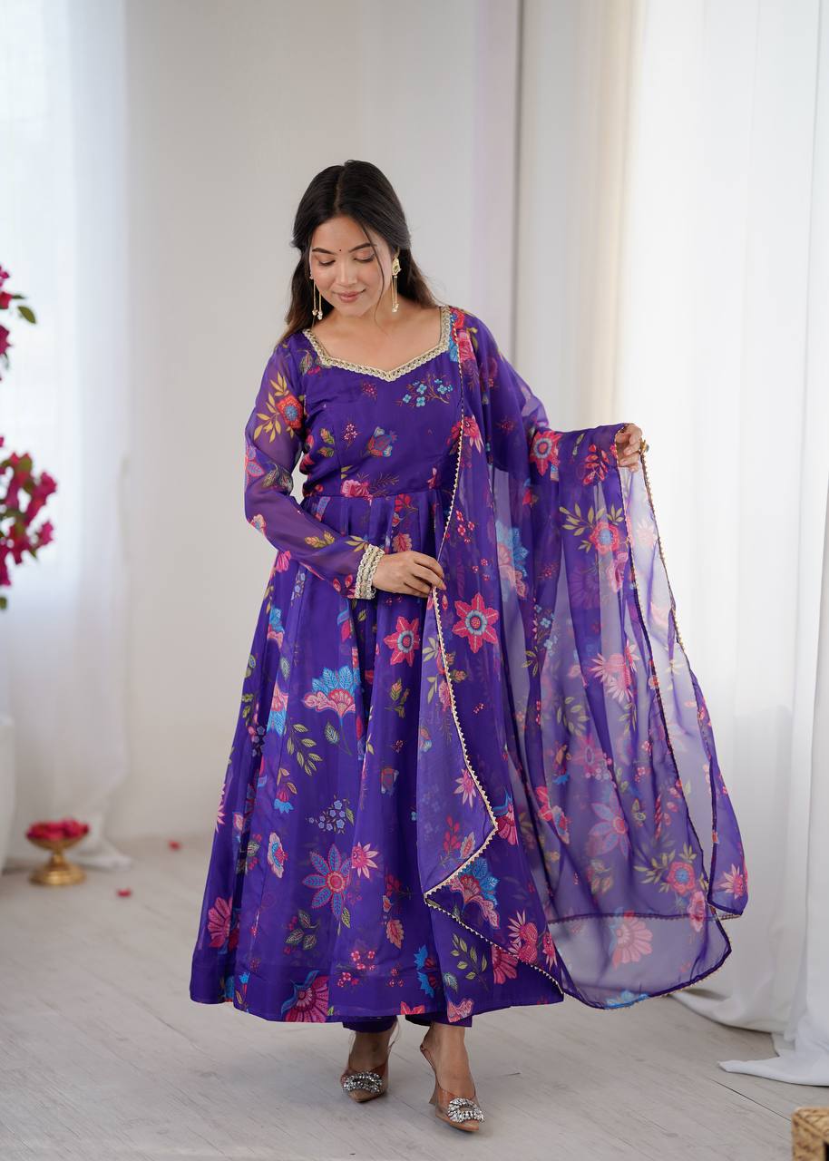 Royal Purple Floral Organza Anarkali Set