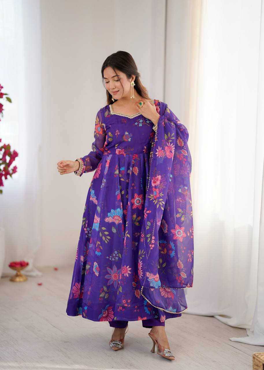 Royal Purple Floral Organza Anarkali Set