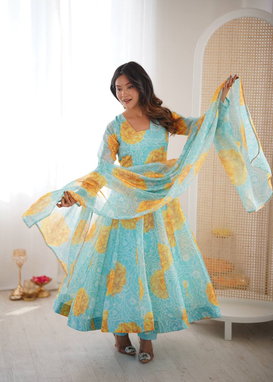 Jiya's Floral Print Organza Anarkali SuitSet