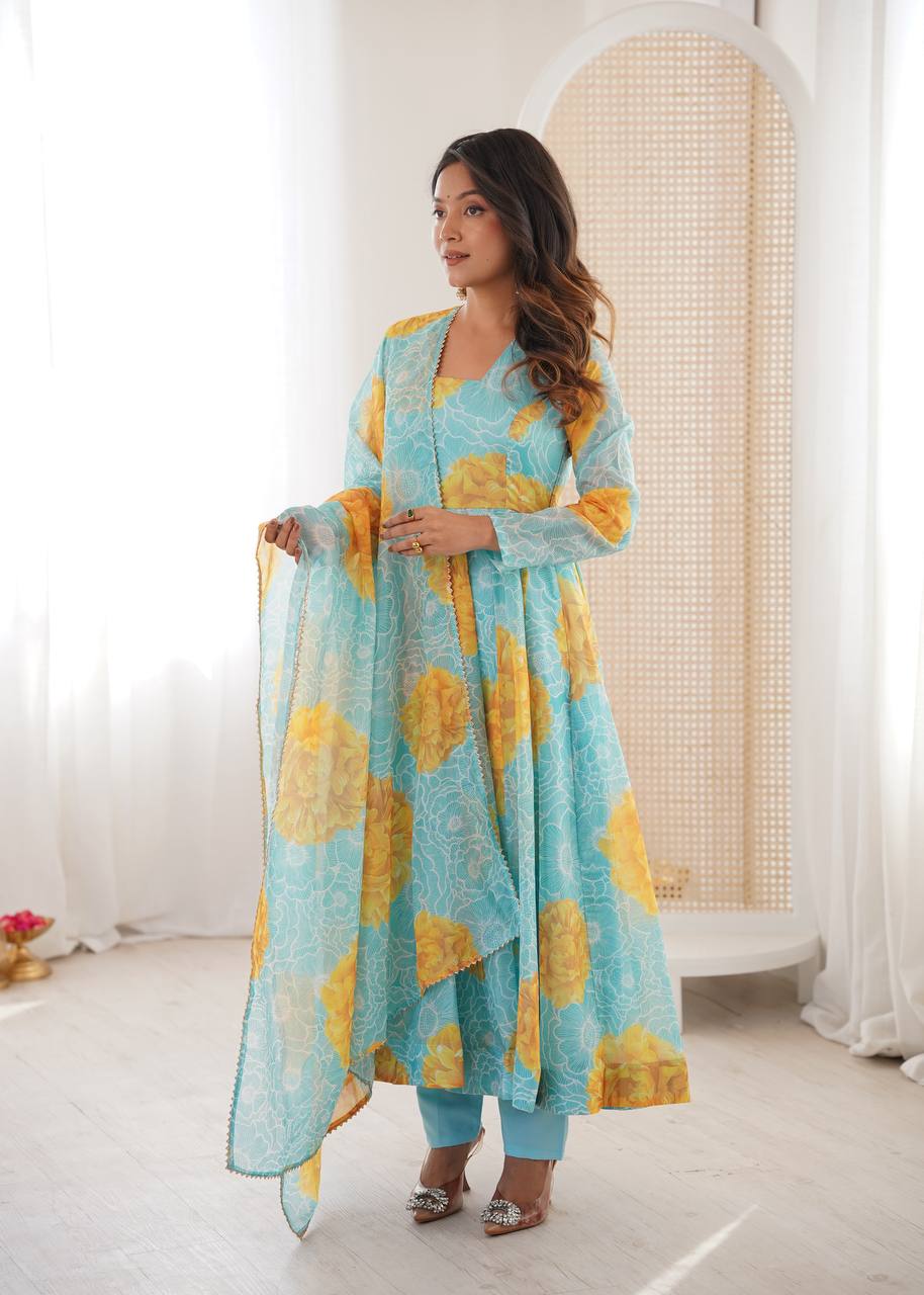 Jiya's Floral Print Organza Anarkali SuitSet