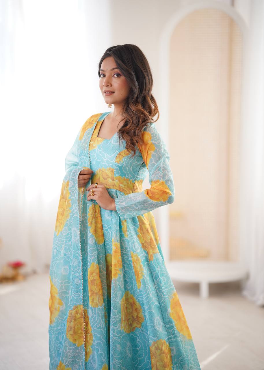 Jiya's Floral Print Organza Anarkali SuitSet