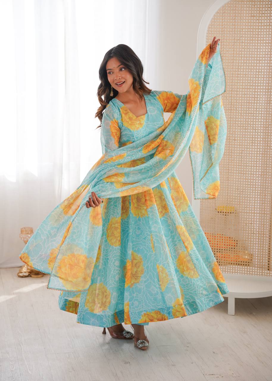 Jiya's Floral Print Organza Anarkali SuitSet
