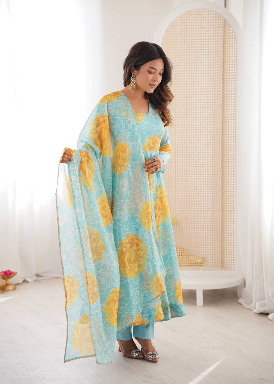 Jiya's Floral Print Organza Anarkali SuitSet
