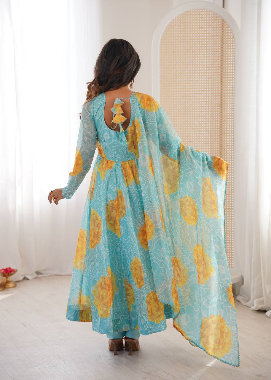 Jiya's Floral Print Organza Anarkali SuitSet