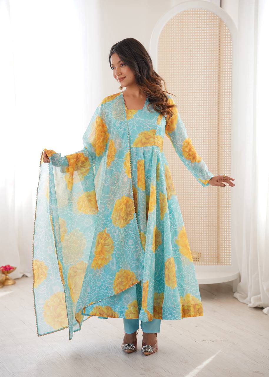 Jiya's Floral Print Organza Anarkali SuitSet
