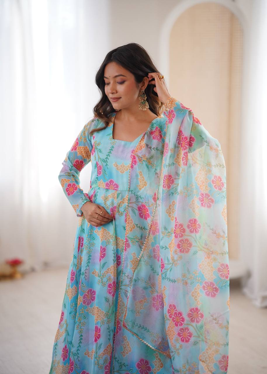 Premium Sky Blue Floral Organza Anarkali Suit Set