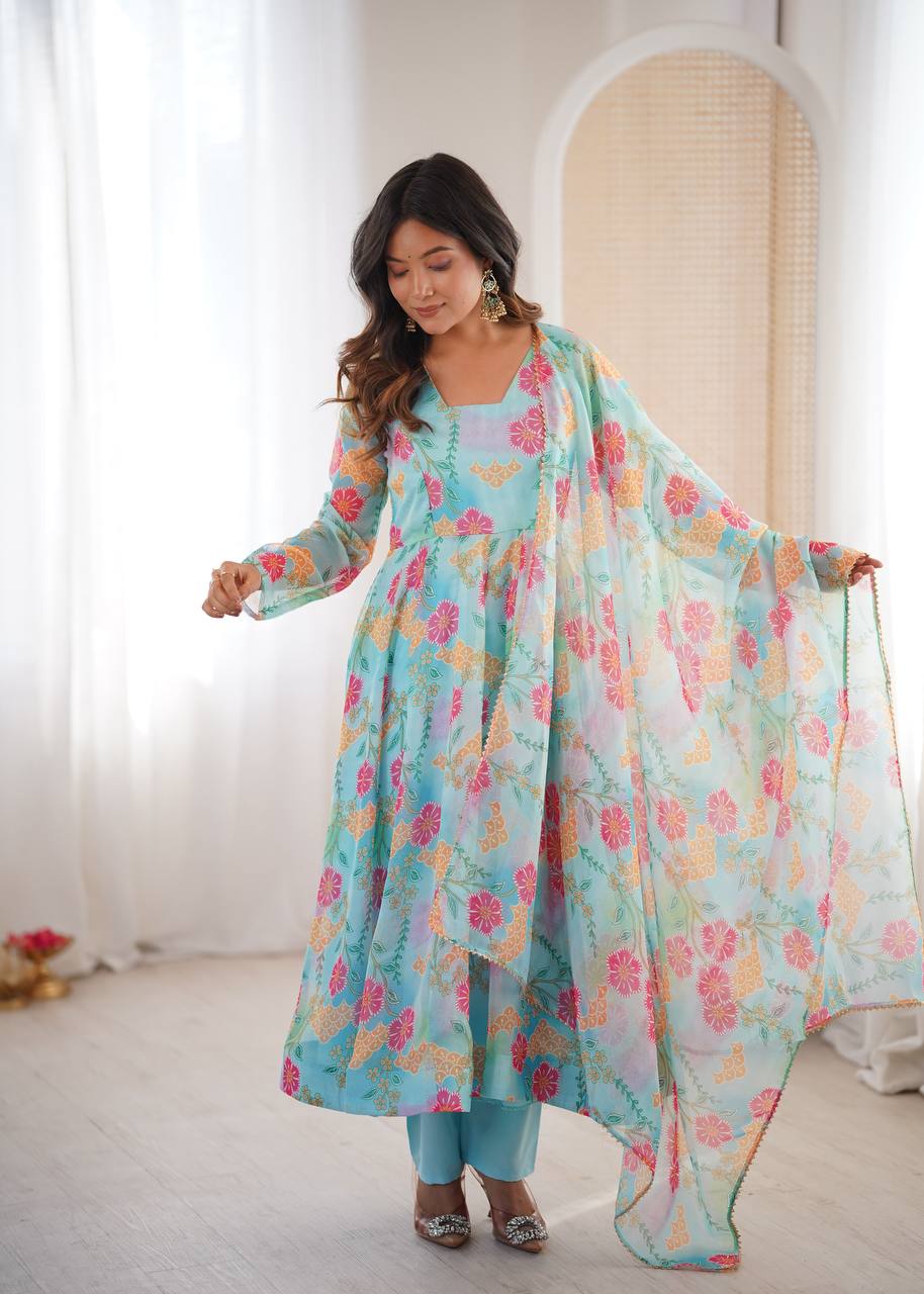 Premium Sky Blue Floral Organza Anarkali Suit Set