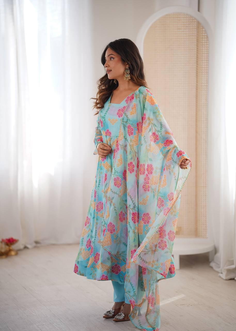 Premium Sky Blue Floral Organza Anarkali Suit Set