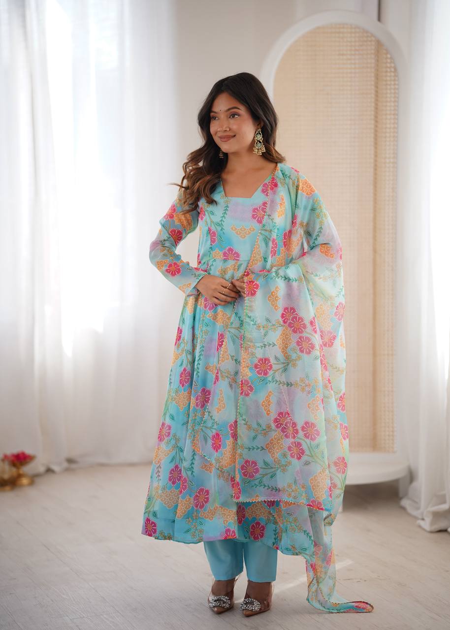 Premium Sky Blue Floral Organza Anarkali Suit Set