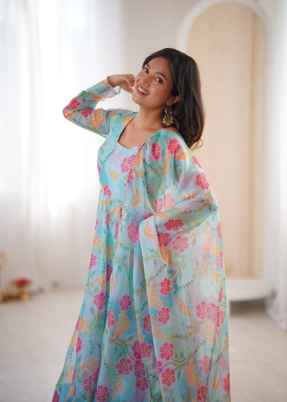 Premium Sky Blue Floral Organza Anarkali Suit Set