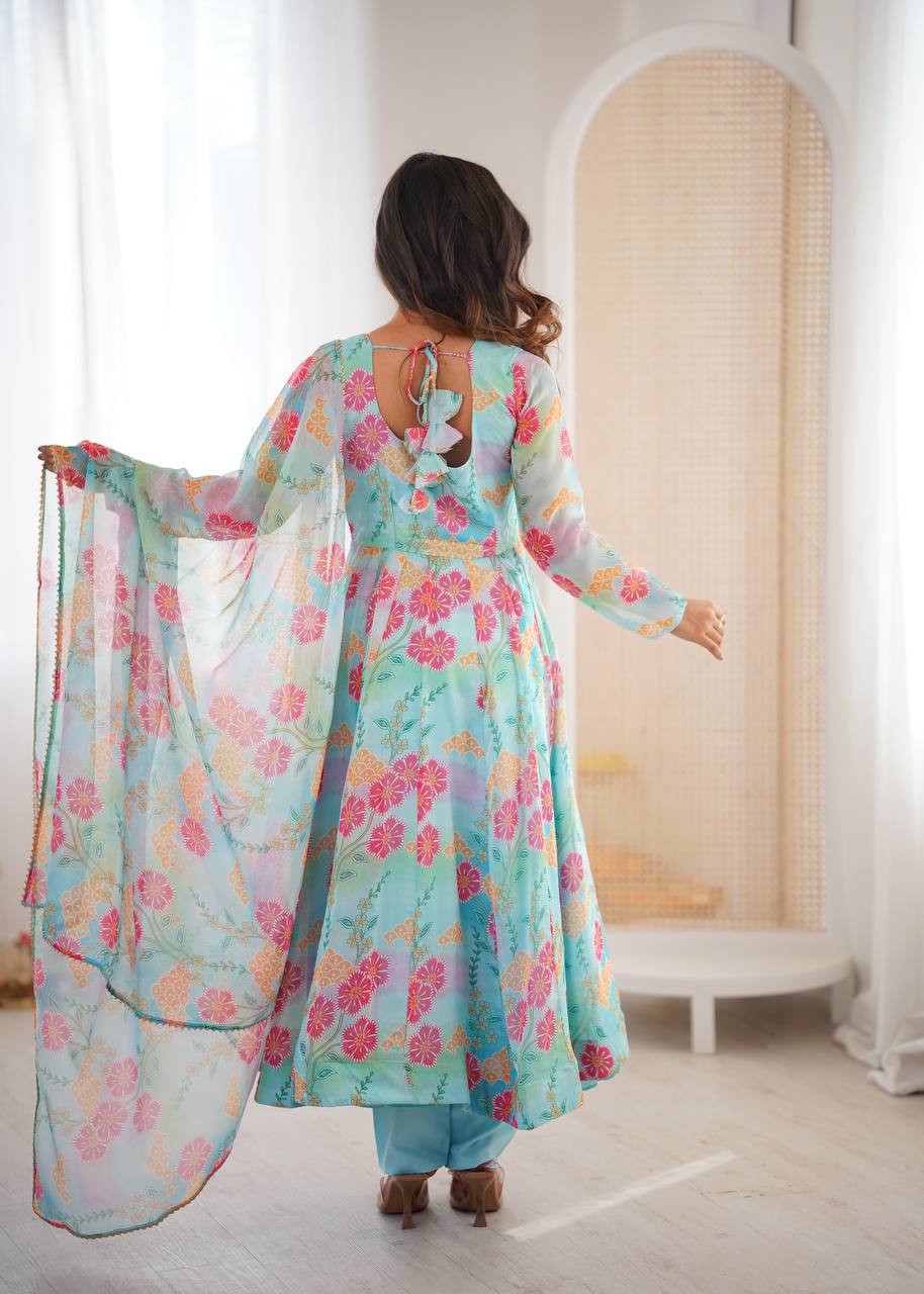 Premium Sky Blue Floral Organza Anarkali Suit Set