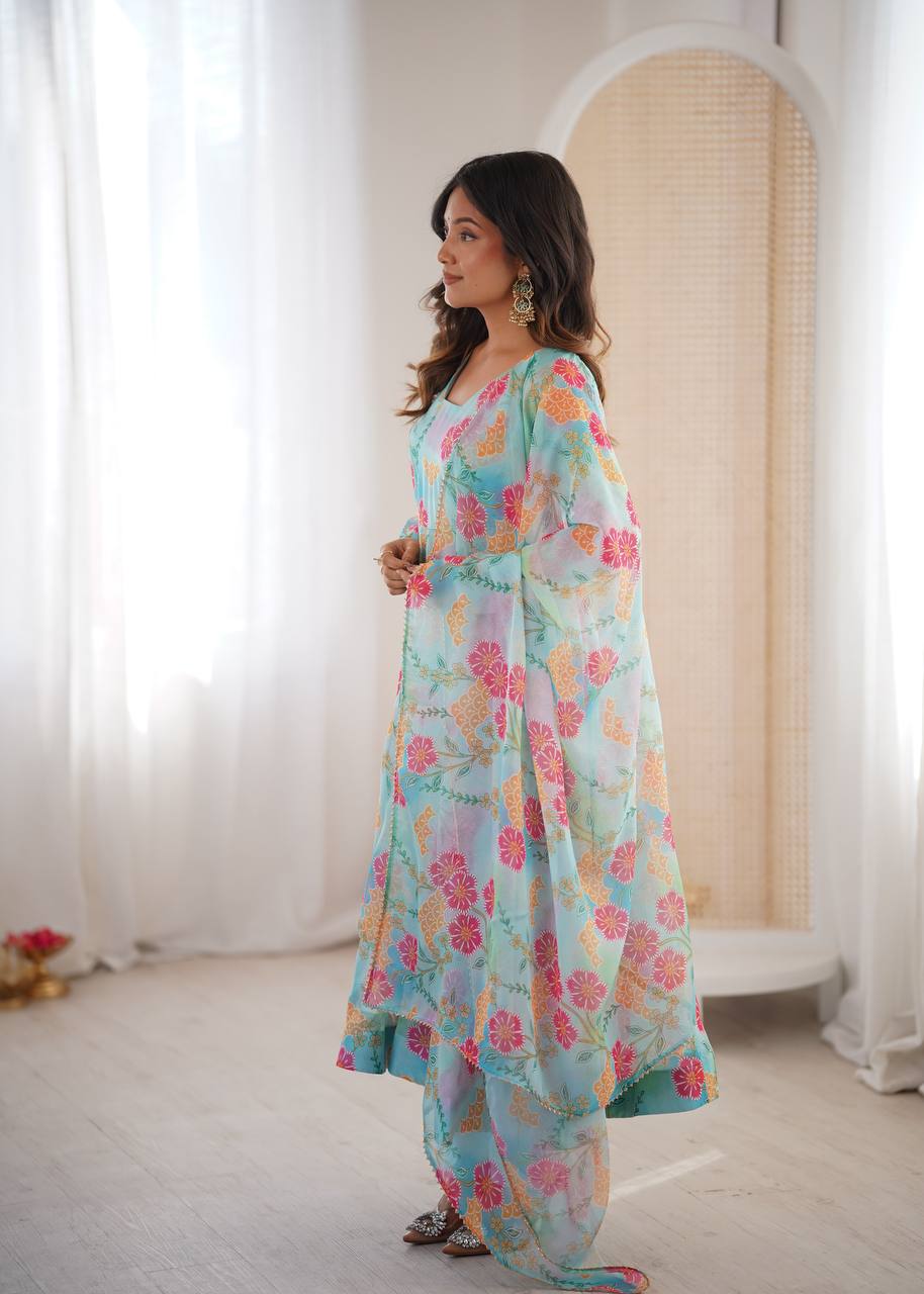 Premium Sky Blue Floral Organza Anarkali Suit Set