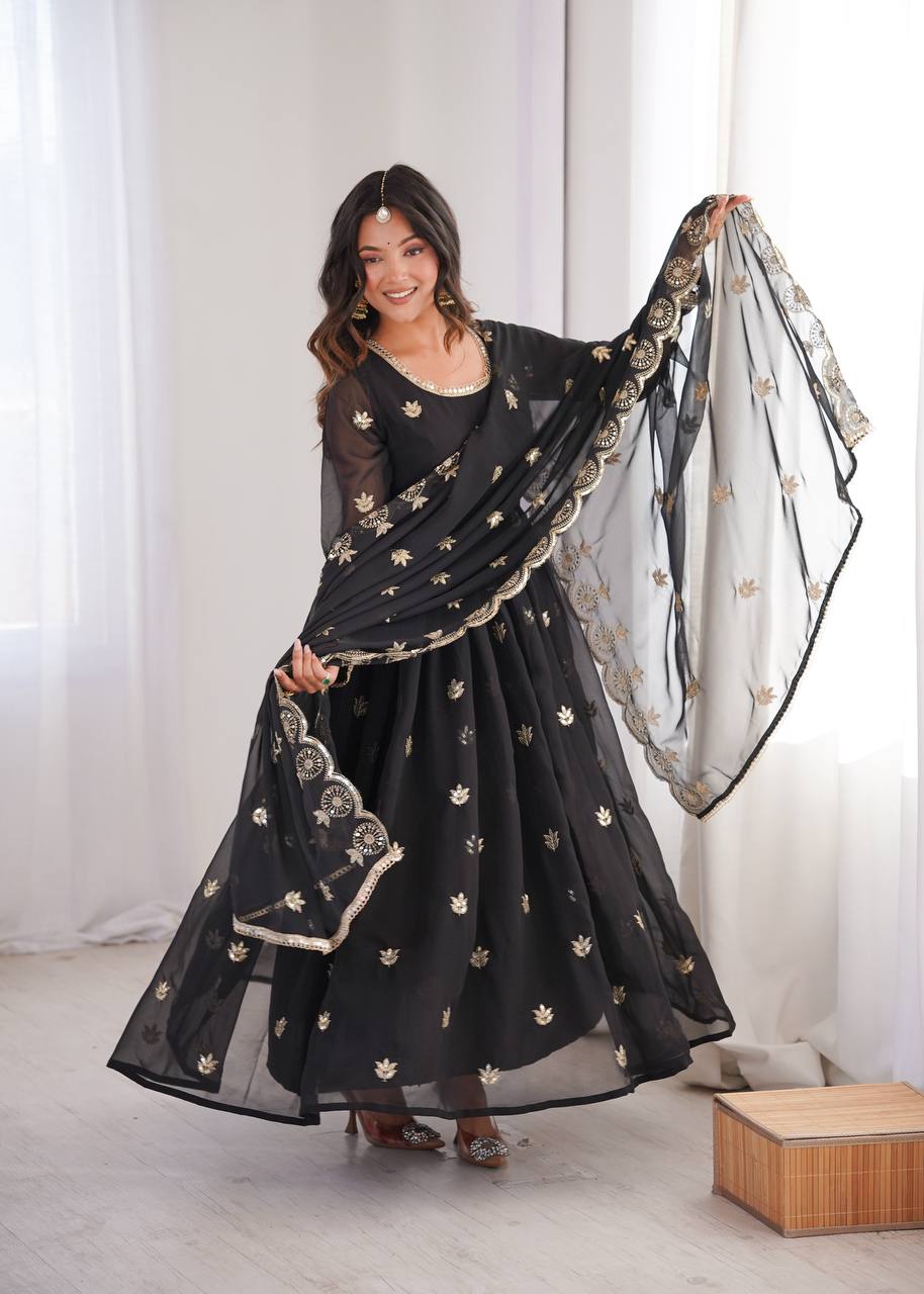 Premium Black Sequin Embroidered Georgette Gown Set