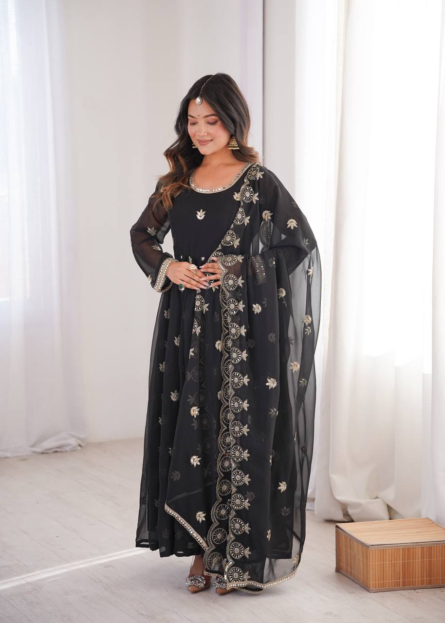 Premium Black Sequin Embroidered Georgette Gown Set