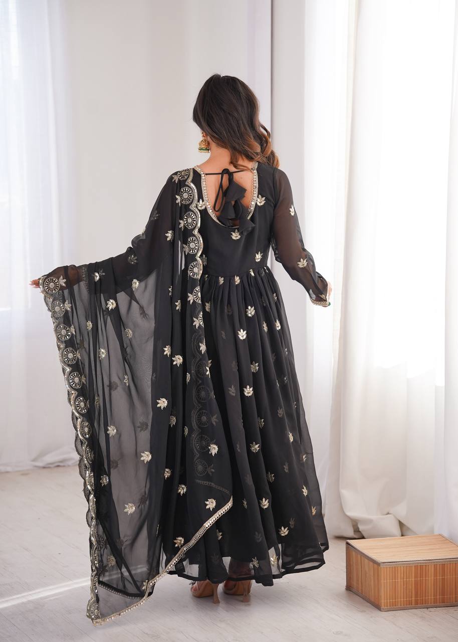 Premium Black Sequin Embroidered Georgette Gown Set