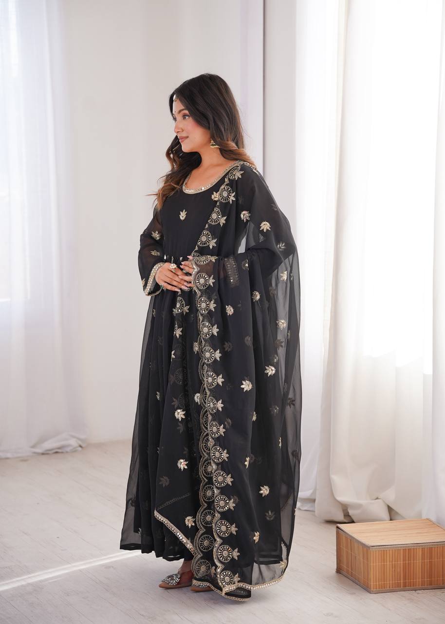 Premium Black Sequin Embroidered Georgette Gown Set