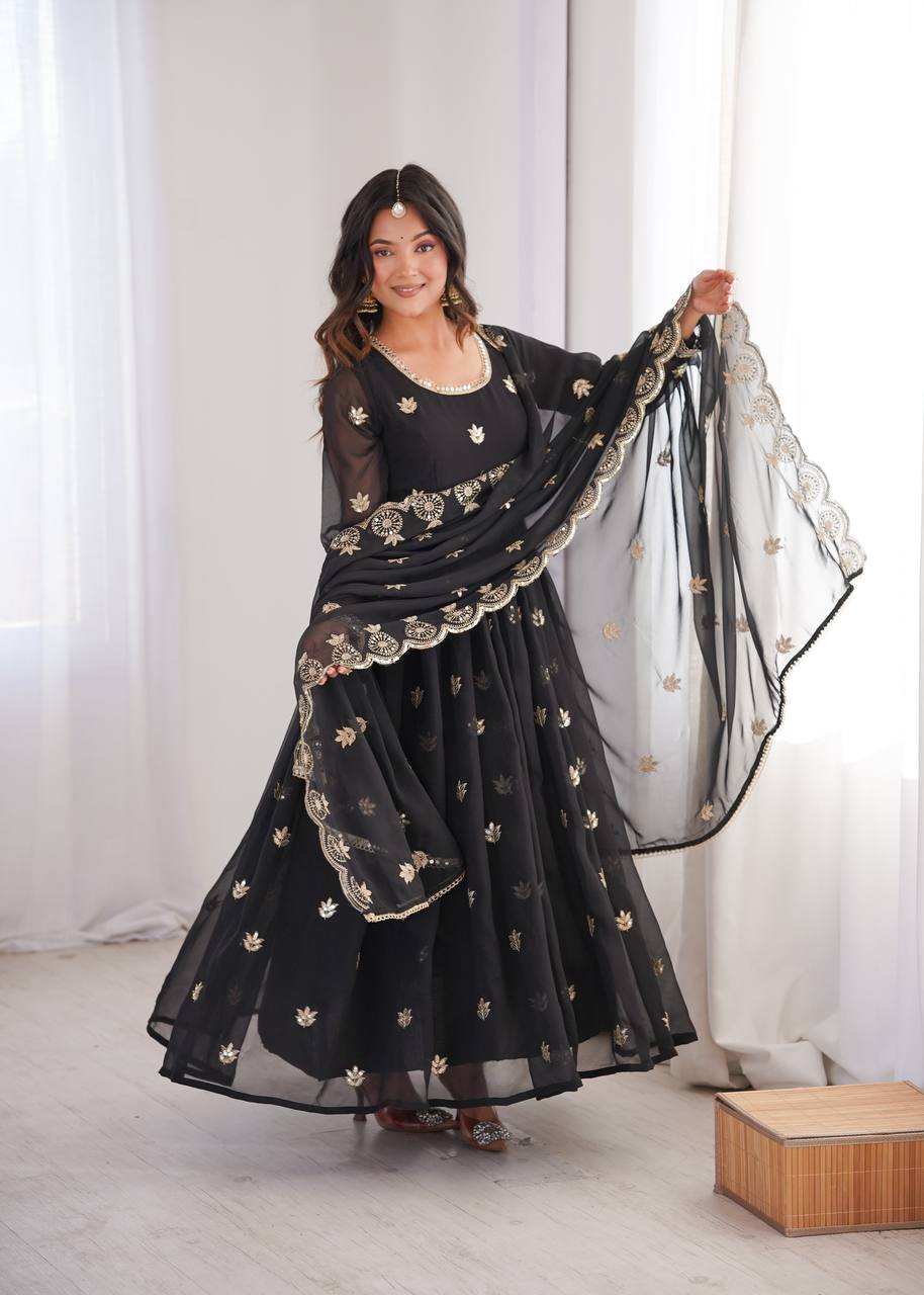 Premium Black Sequin Embroidered Georgette Gown Set