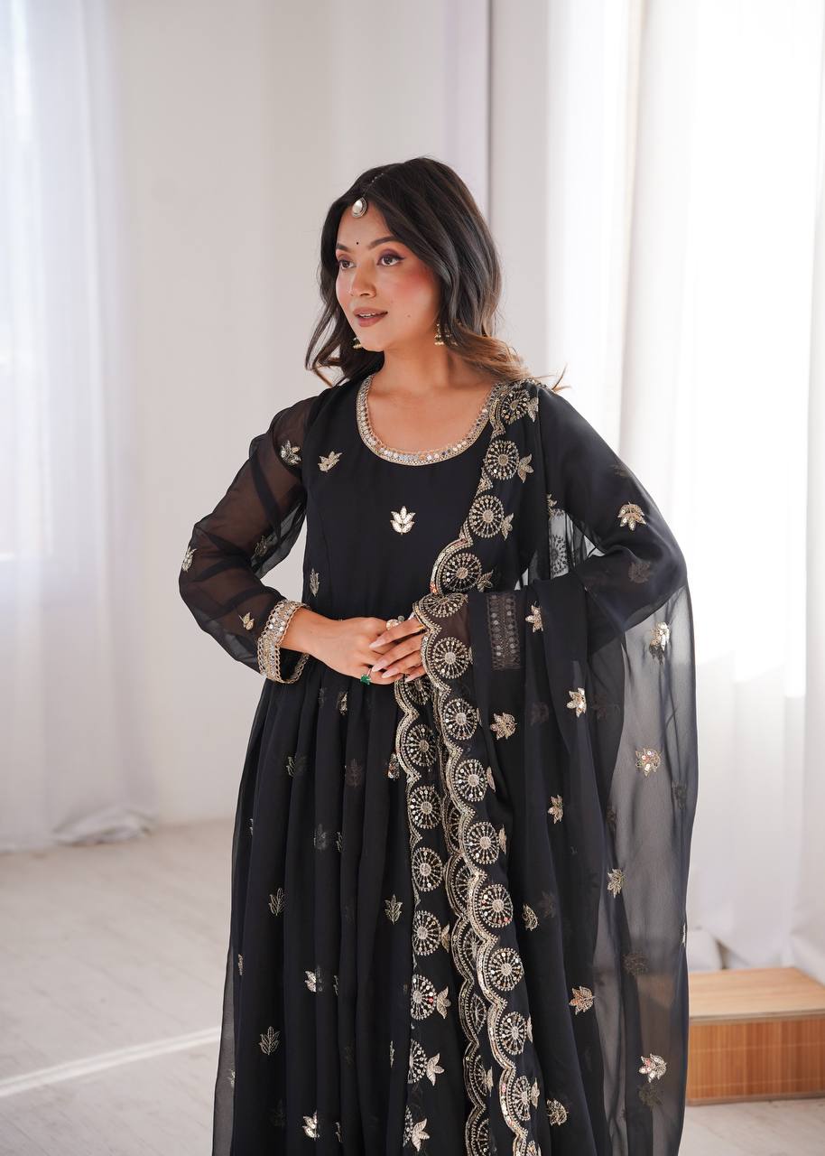 Premium Black Sequin Embroidered Georgette Gown Set
