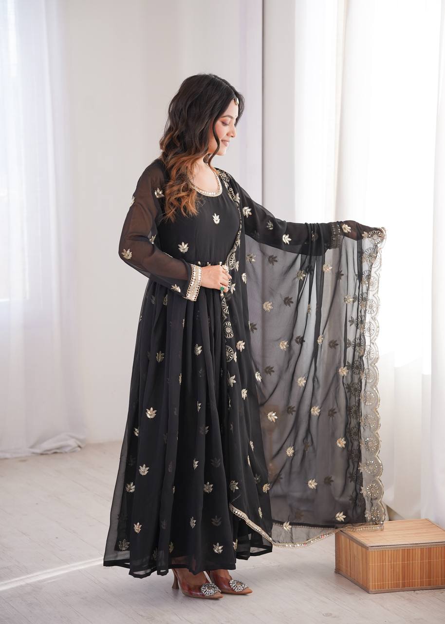 Premium Black Sequin Embroidered Georgette Gown Set