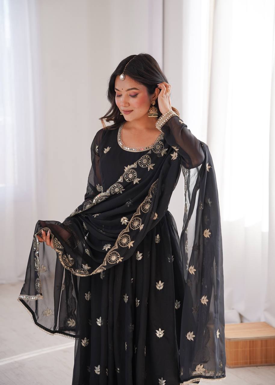 Premium Black Sequin Embroidered Georgette Gown Set