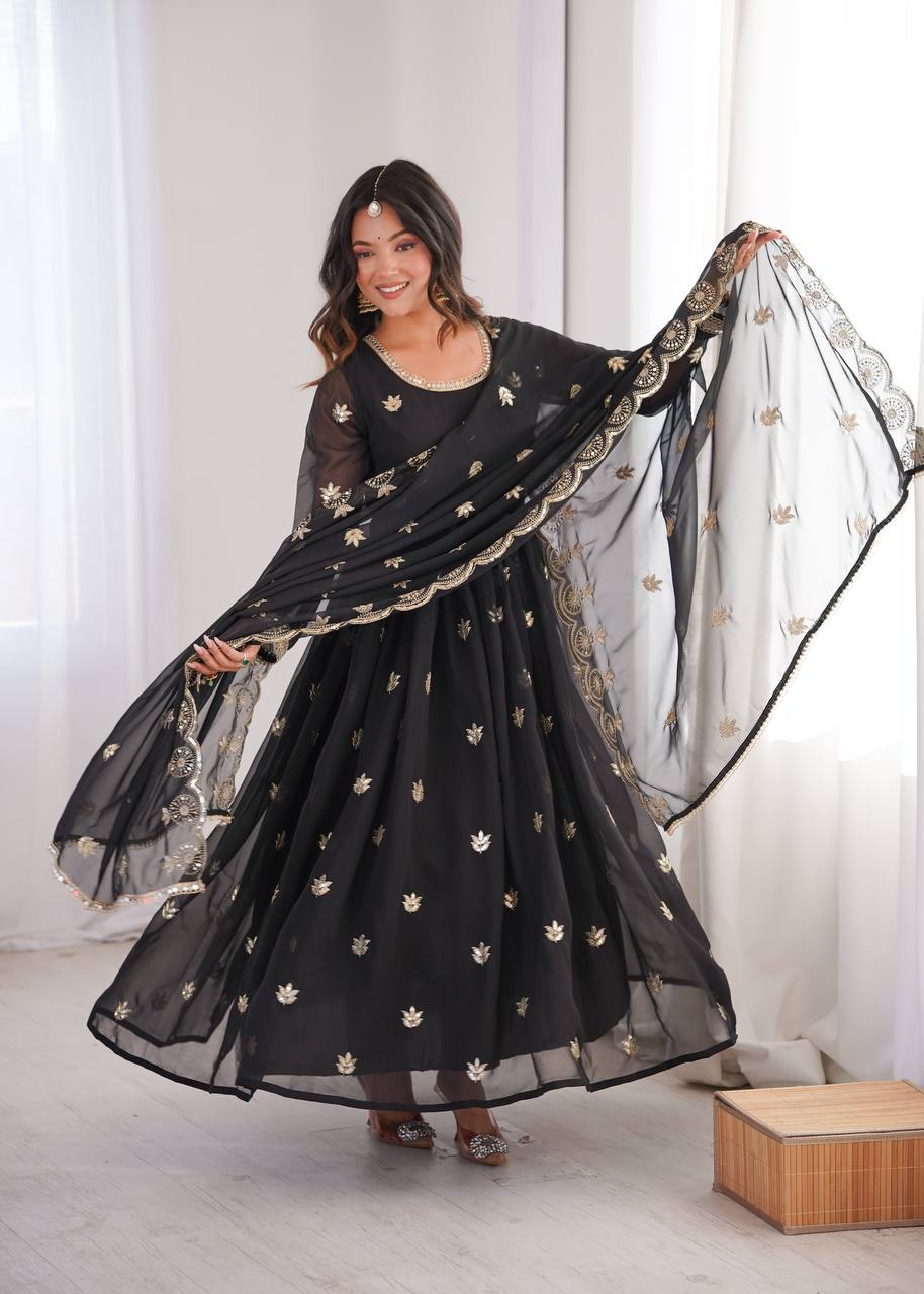 Premium Black Sequin Embroidered Georgette Gown Set