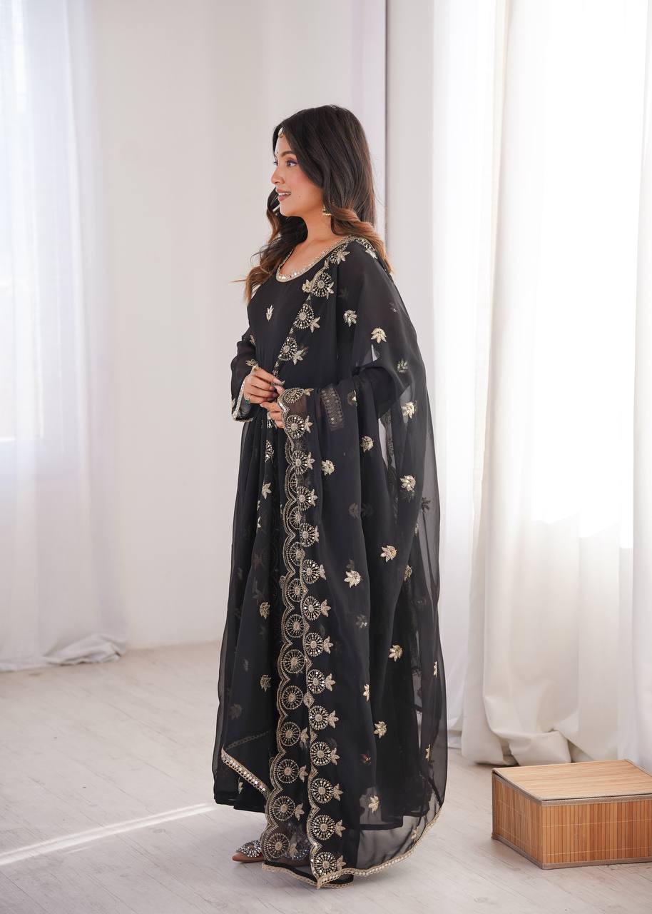 Premium Black Sequin Embroidered Georgette Gown Set